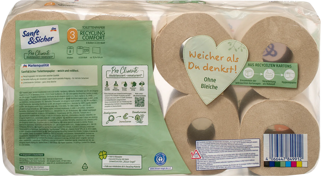 Тоалетна хартия Recycling Comfort Pro Climate, 3-пластова, 8 бр