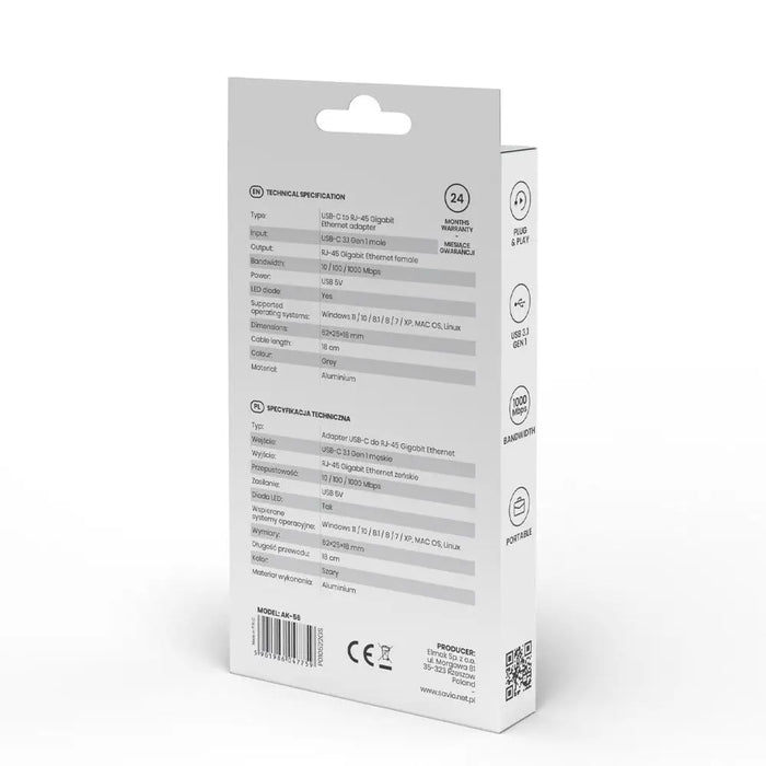 SAVIO адаптер USB C 3.1 Gen.1 (M) към RJ 45 Gigabit