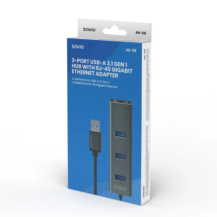 Savio AK-57 USB-A - 3 x USB-A ХЪБ с RJ-45 Gigabit Ethernet