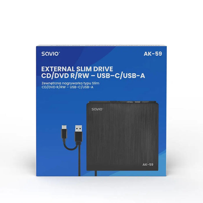 SAVIO AK-59 Външен тънък CD/DVD рекордер R/RW - USB-C/USB-A