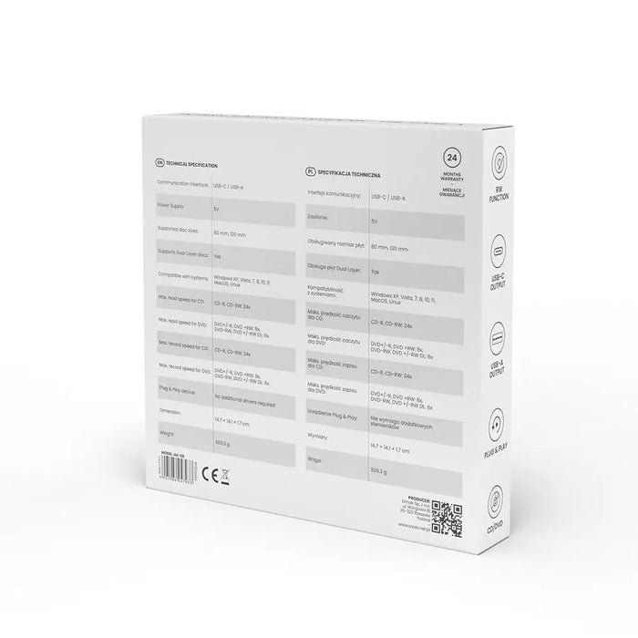 SAVIO AK-59 Външен тънък CD/DVD рекордер R/RW - USB-C/USB-A