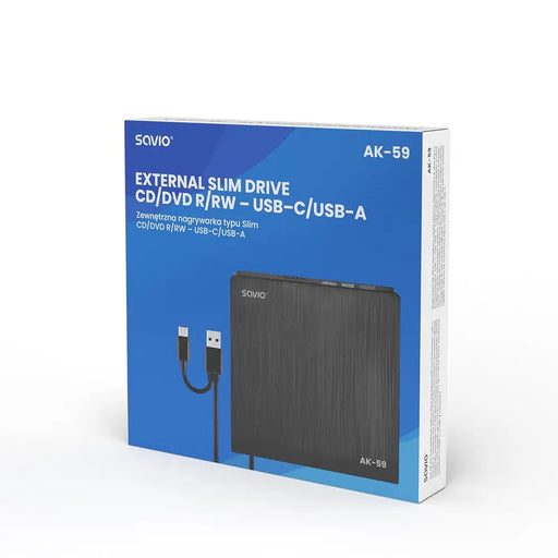 SAVIO AK-59 Външен тънък CD/DVD рекордер R/RW - USB-C/USB-A