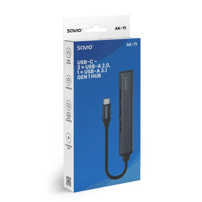 SAVIO AK-71 USB-C хъб - 3 x USB-A 2.0 1 x USB-A 3.0 4-в-1 5