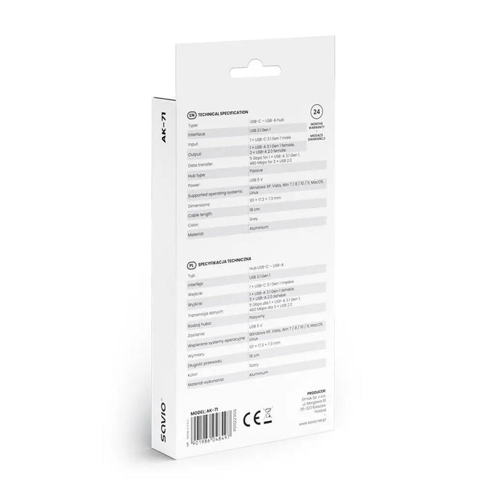 SAVIO AK-71 USB-C хъб - 3 x USB-A 2.0 1 x USB-A 3.0 4-в-1 5