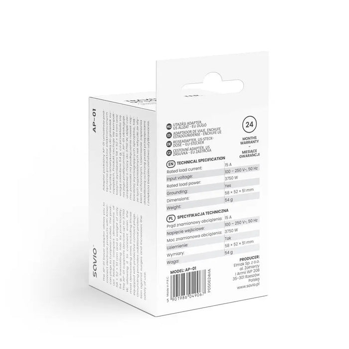 SAVIO AP-01 Travel Adapter US контакт – EU щепсел