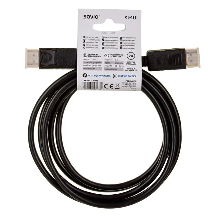 Savio CL-136 DisplayPort кабел 2 м черен