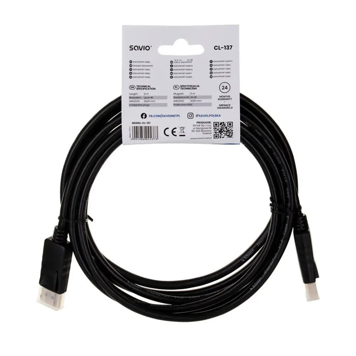 Savio CL-137 DisplayPort кабел 3 м Черен