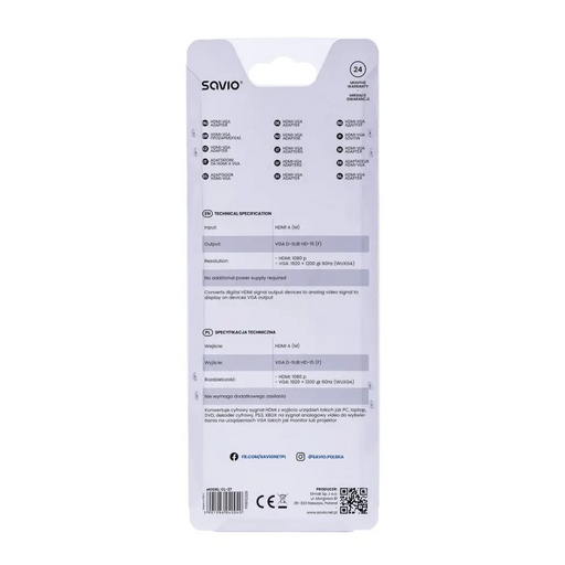 Savio CL-27 адаптер за видео кабел 0,2 м VGA (D-Sub) HDMI