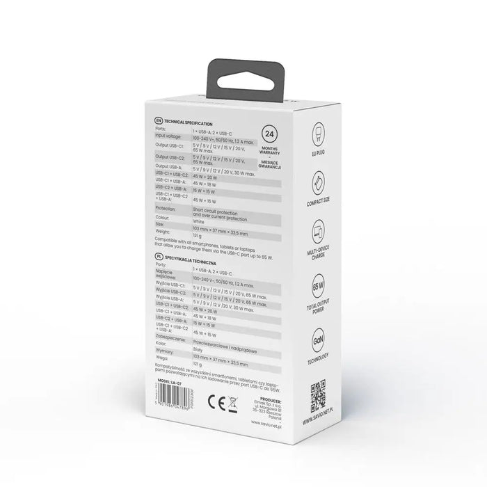 SAVIO LA-07 GaN 65W зарядно устройство USB QC4.0 + PD 3.0