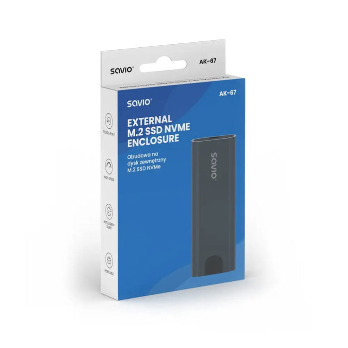 Savio M.2 SSD NVMe външен дисков корпус USB C 3.1 AK 67 сив