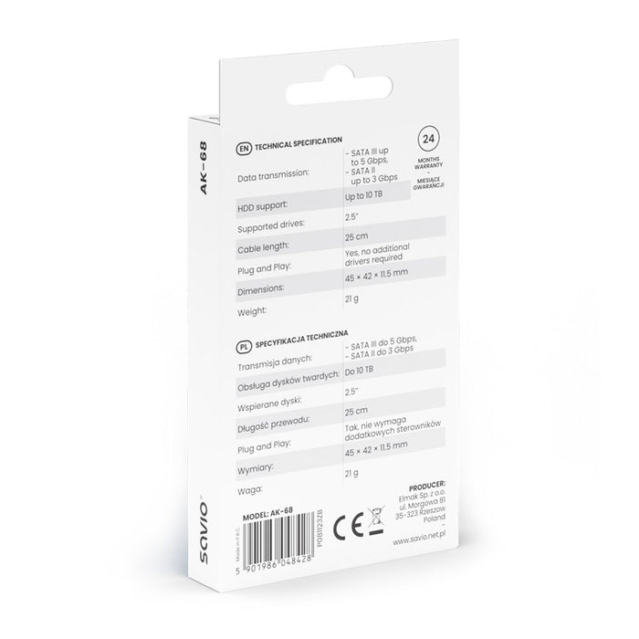 SAVIO AK-68 Адаптер USB-A 3.1 Gen 1 (M) - SATA (F) за 2.5" дискове