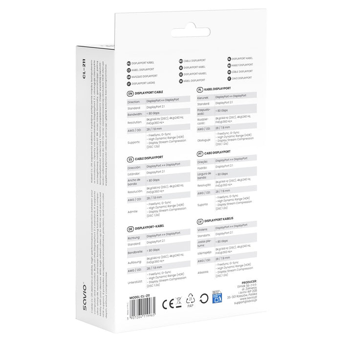 Savio CL-211 DisplayPort кабел 3 м Черен