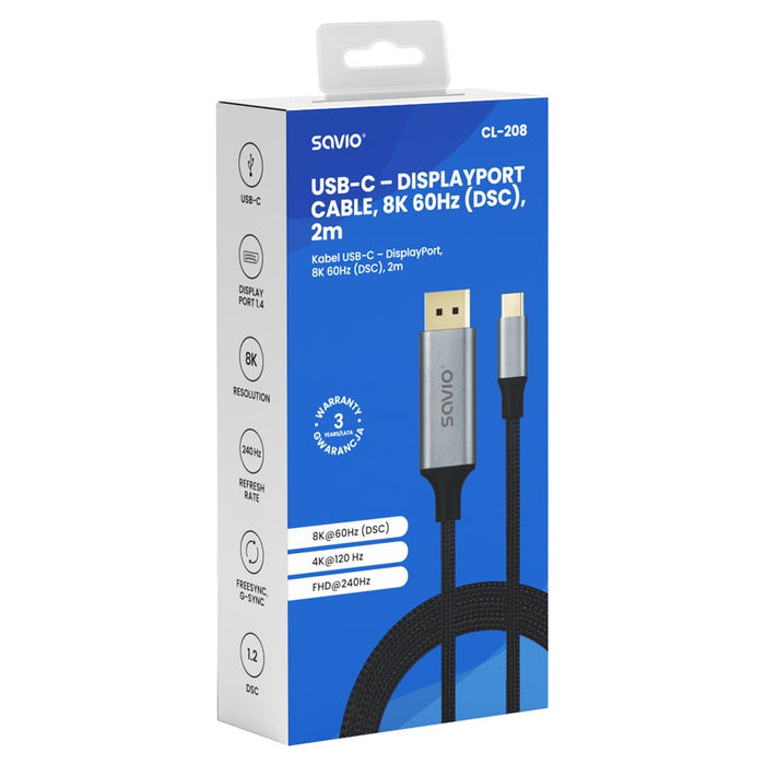 Savio CL-208 USB кабел USB 3.2 Gen 1 (3.1 Gen 1) 2 м USB C Черен, Сив