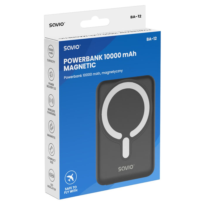 Savio POWERBANK BA-12 10000 mAh, черен, магнитен