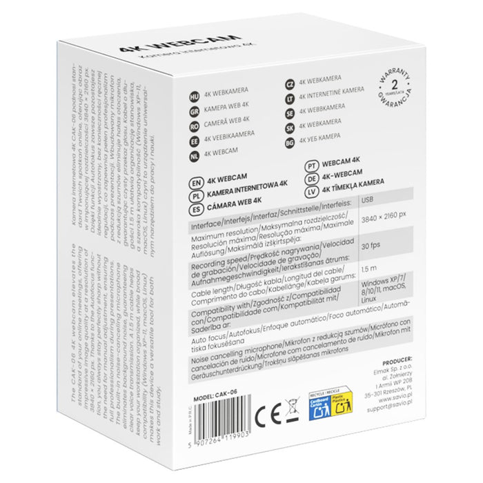 Savio CAK-06 уеб камера 3840 x 2160 пиксела USB Черна