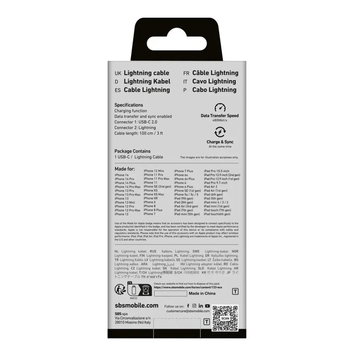 SBS TECABLELIGTC1W USB-C - Lightning Cable MFi Certified 1m
