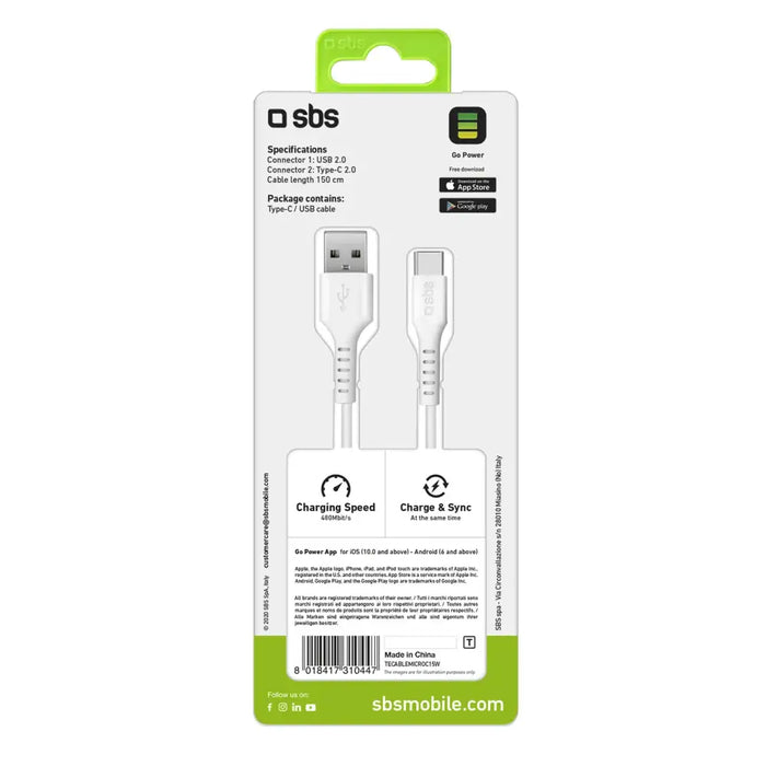 SBS TECABLEMICROC15W USB-A - USB-C кабел 1,5 м - бял
