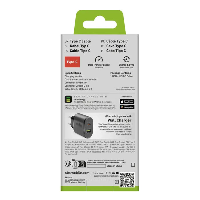 SBS TECABLETC220K USB-A - USB-C кабел 2 м - черен