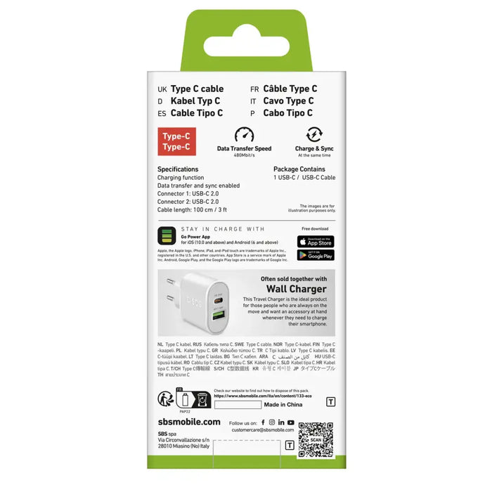 SBS TECABLETCC10W USB-C кабел - USB-C захранване 25W 1 m