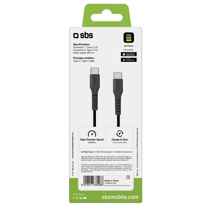 SBS TECABLETCC3M USB-C - USB-C 3m кабел - черен