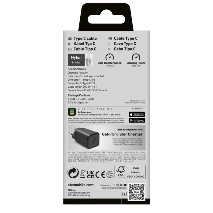 SBS TECABLETISSUETCC2G кабел 2 x USB-C 2m 60W с захранване