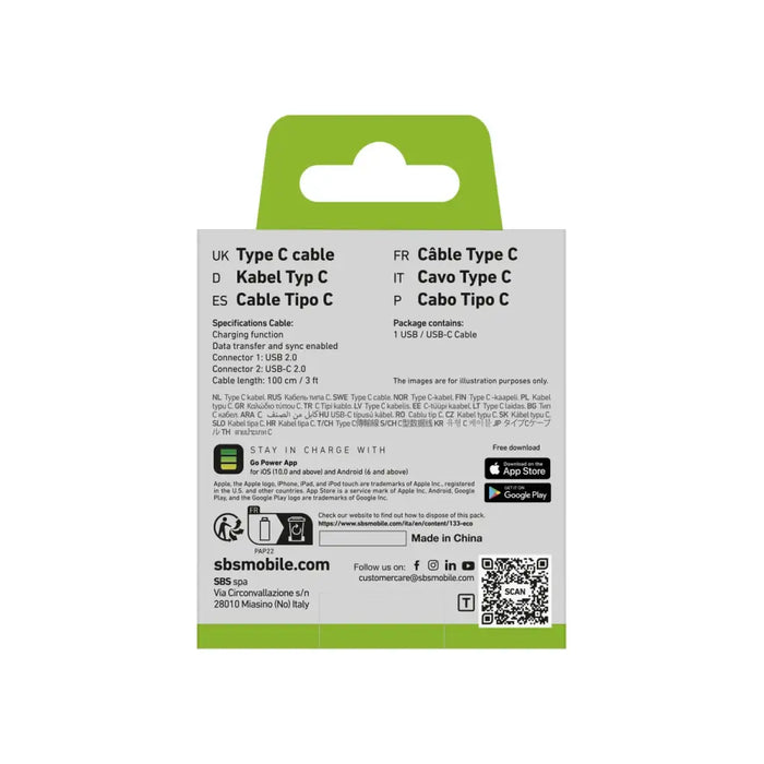 SBS TECABLETYC1KPOS USB-A - USB-C кабел 1 м - Черен
