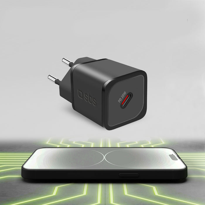 SBS TETRGAN1C20K 20W GaN USB-C стенно зарядно устройство с захранване - черно