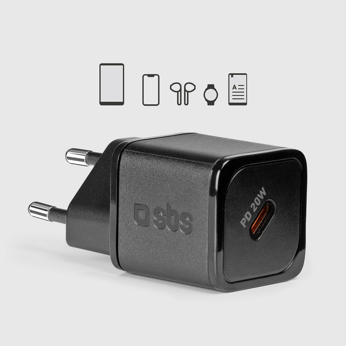 SBS TETRGAN1C20K 20W GaN USB-C стенно зарядно устройство с захранване - черно