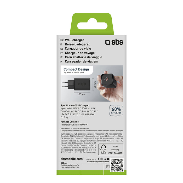 SBS TETRGAN1C45W 45W GaN USB-C стенно зарядно устройство с захранване - черно