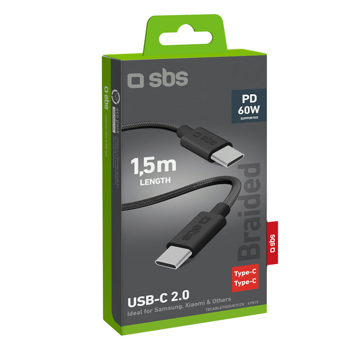 SBS TECABLETISSUETCK USB-C - USB-C 1.5m 60W плетен кабел - черен