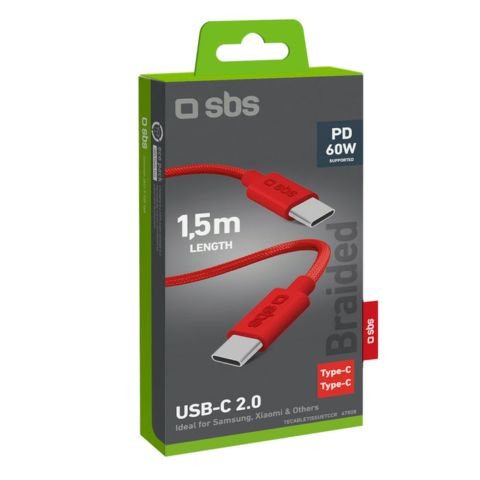 SBS TECABLETISSUETCCR USB-C - USB-C 1.5m 60W плетен кабел - червен