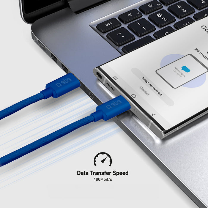 SBS TECABLETISSUETCCB USB-C - USB-C 1.5m 60W плетен кабел - син