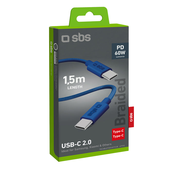 SBS TECABLETISSUETCCB USB-C - USB-C 1.5m 60W плетен кабел - син