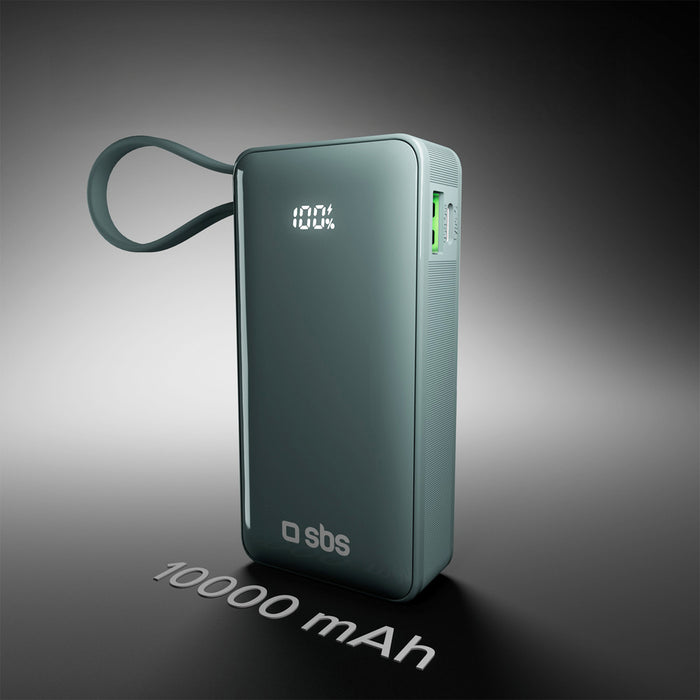 Преносима батерия Powerbank SBS 10000 mAh 20W с вграден USB-C кабел и дигитален дисплей - сив