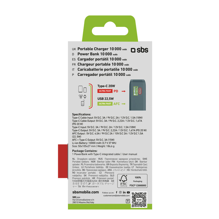 Преносима батерия Powerbank SBS 10000 mAh 20W с вграден USB-C кабел и дигитален дисплей - сив