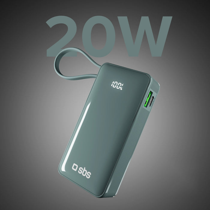 Преносима батерия Powerbank SBS 10000 mAh 20W с вграден USB-C кабел и дигитален дисплей - сив