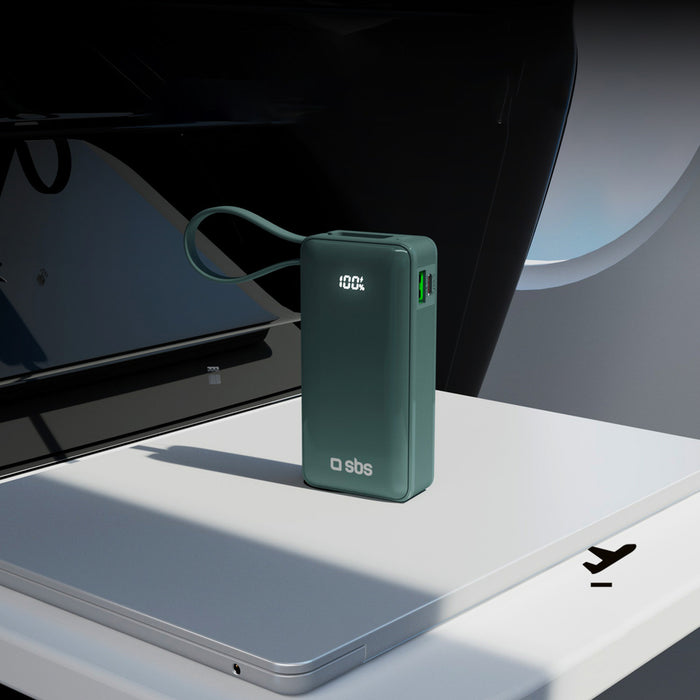 Преносима батерия Powerbank SBS 10000 mAh 20W с вграден USB-C кабел и дигитален дисплей - сив