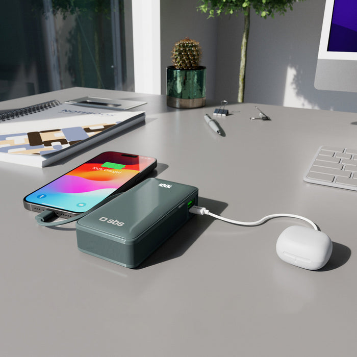 Преносима батерия Powerbank SBS 10000 mAh 20W с вграден USB-C кабел и дигитален дисплей - сив