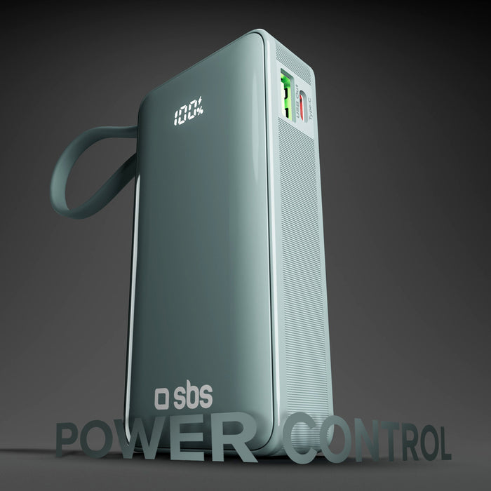 Преносима батерия Powerbank SBS 10000 mAh 20W с вграден USB-C кабел и дигитален дисплей - сив