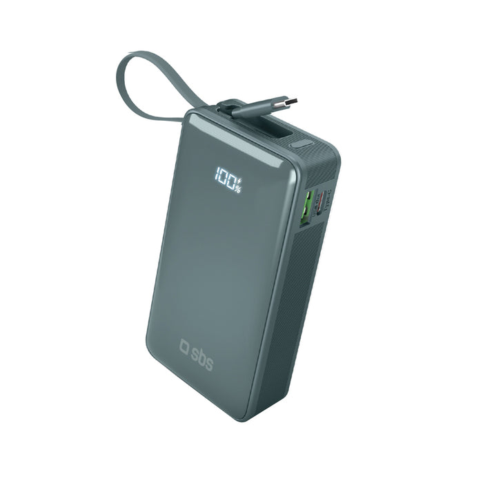 Преносима батерия Powerbank SBS 10000 mAh 20W с вграден USB-C кабел и дигитален дисплей - сив