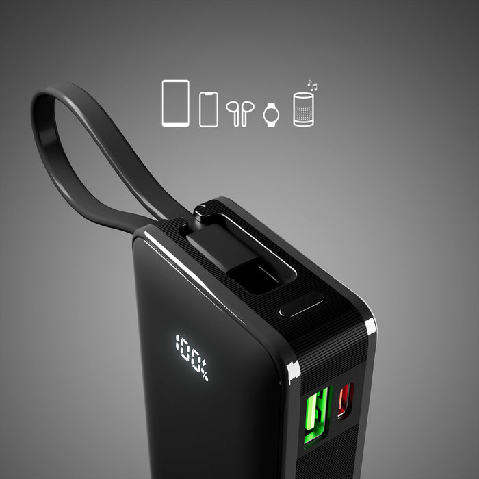 Преносима батерия Powerbank SBS 10000 mAh 20W с вграден USB-C кабел и цифров дисплей - черен
