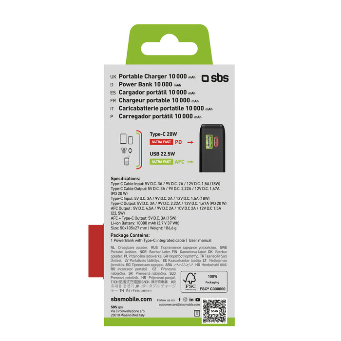 Преносима батерия Powerbank SBS 10000 mAh 20W с вграден USB-C кабел и цифров дисплей - черен