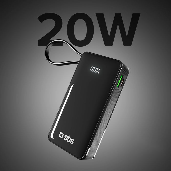 Преносима батерия Powerbank SBS 10000 mAh 20W с вграден USB-C кабел и цифров дисплей - черен