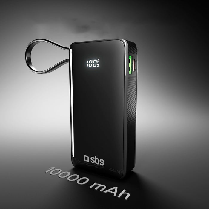 Преносима батерия Powerbank SBS 10000 mAh 20W с вграден USB-C кабел и цифров дисплей - черен