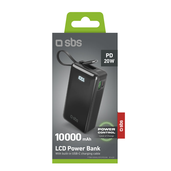 Преносима батерия Powerbank SBS 10000 mAh 20W с вграден USB-C кабел и цифров дисплей - черен