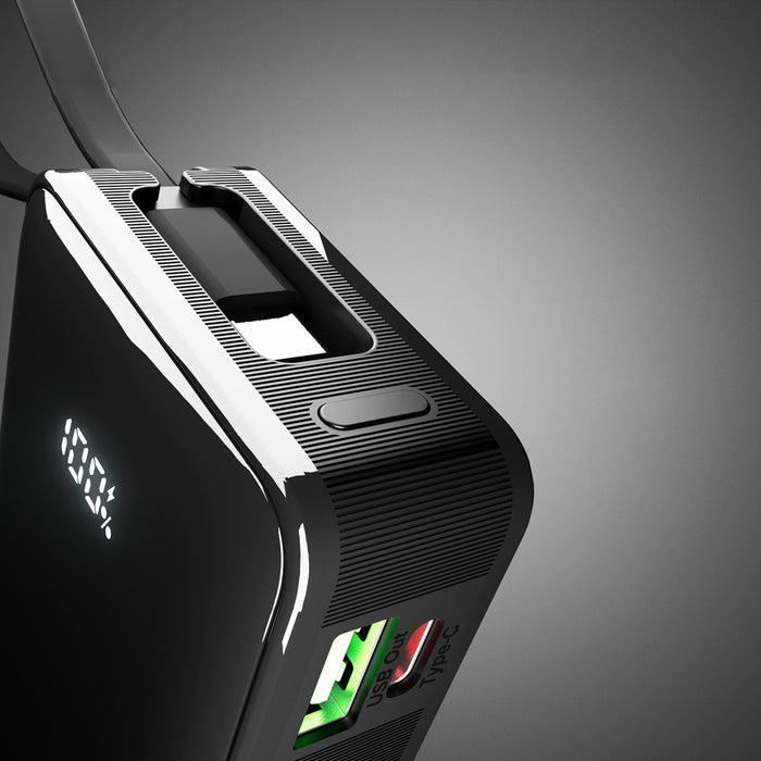 Преносима батерия Powerbank SBS 10000 mAh 20W с вграден USB-C кабел и цифров дисплей - черен