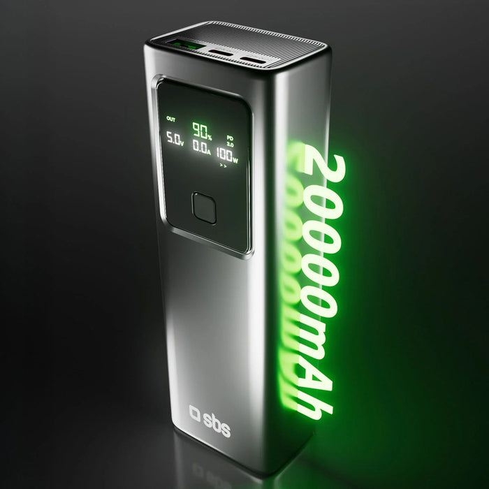 Преносима батерия Powerbank SBS 20000mAh PD 100W с LCD дисплей - сив