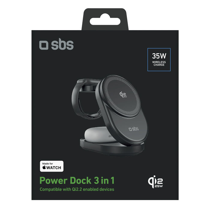 SBS Qi2.2 25W индуктивна 3-в-1 сгъваема зарядна станция с MFI сертификат - черна