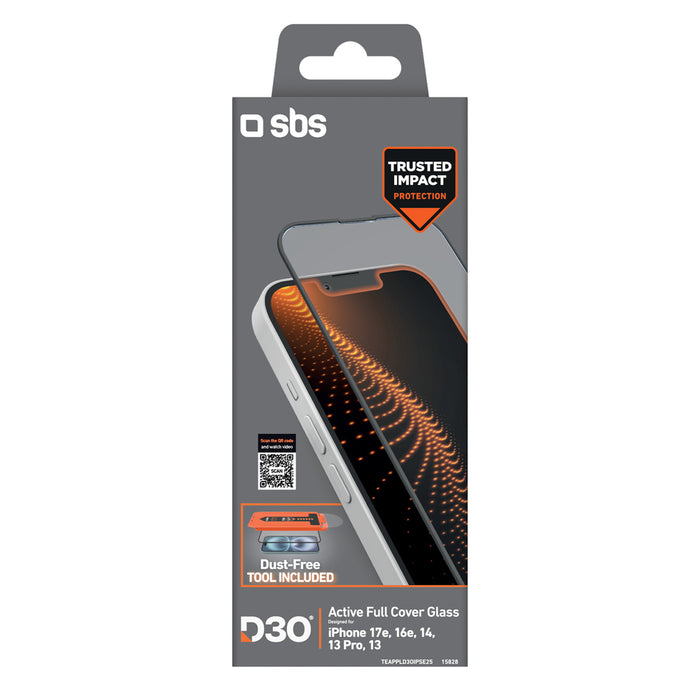 SBS D3O закалено стъкло за iPhone 13/13 Pro/14/16e/17e с апликатор