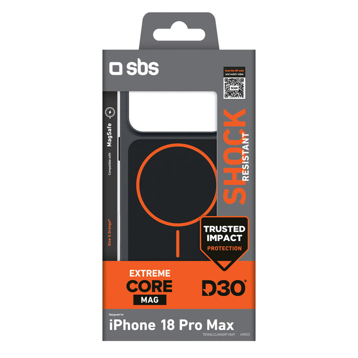 Калъф SBS D3O Core за iPhone 18 Pro / 17 Pro, съвместим с MagSafe - черен и оранжев